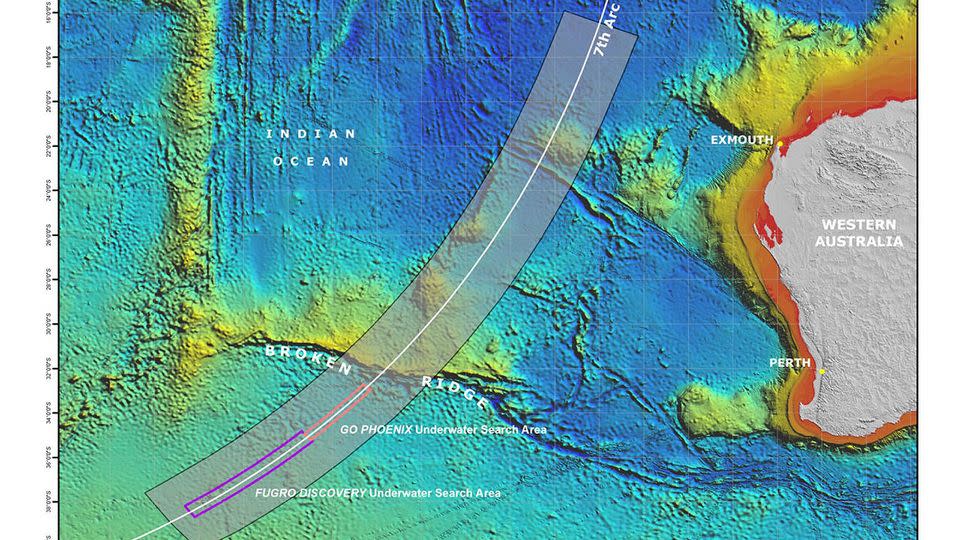 The underwater search areas for missing Malaysia Airlines flight MH370 in the Indian Ocean, off Western Australia. Source: AAP