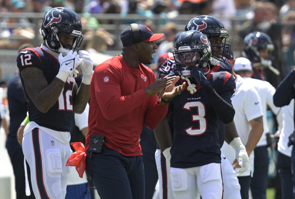 Houston Texans head coach DeMeco Ryans during the first half of an NFL football game against the Jacksonville Jaguars, Sunday, Sept. 24, 2023, in Jacksonville, Fla. (AP Photo/Phelan M. Ebenhack)