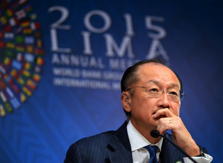 World Bank Group President Jim Yong Kim takes part in a press briefing on October 8, 2015, during the annual meetings of the World Bank Group and International Monetary Fund held on October 8, 2015 in Lima