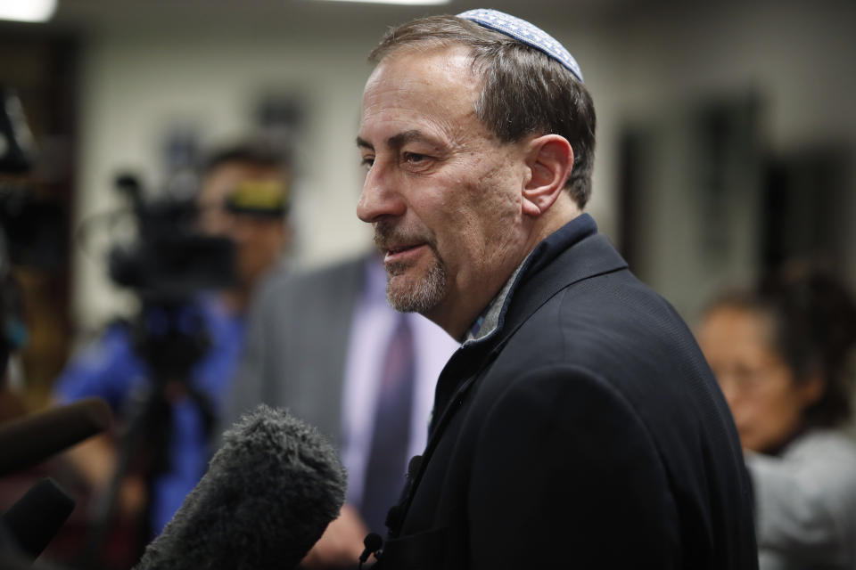 Scott L. Levin, Mountain States regional director of the Anti-Defamation League, talks to reporters after a news conference in Denver on Monday, Nov. 4, 2019, after officials announced the arrest of a man who repeatedly espoused anti-Semitic views in a plot to bomb a historic Colorado synagogue in Pueblo. (AP Photo/David Zalubowski)