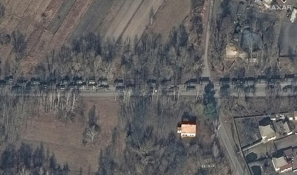 A satellite image shows Russian ground forces northeast of Ivankiv heading in the direction of Kyiv. Source: Reuters