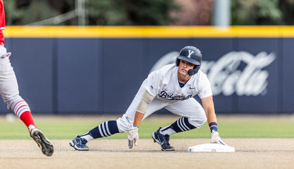 BYU’s Brock Watkins looks on from second base during game against Loyola Marymount. The former shortstop is now manning first base for the Cougars. | Matthew Norton, BYU Photo