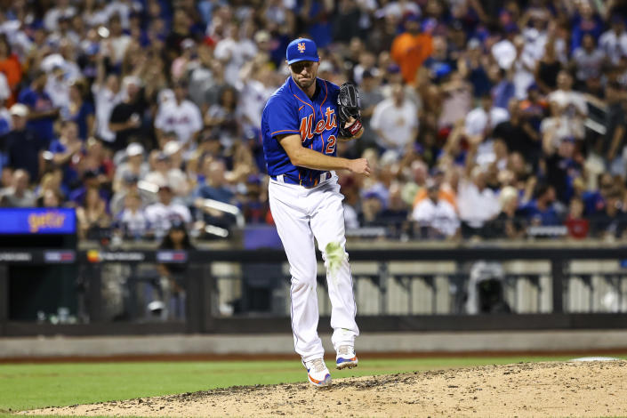 New York Mets starting pitcher Max Scherzer reacts after striking out Atlanta Braves' Eddie Rosario to end the top of the seventh inning of the second game of a baseball doubleheader Saturday, Aug. 6, 2022, in New York. (AP Photo/Jessie Alcheh)