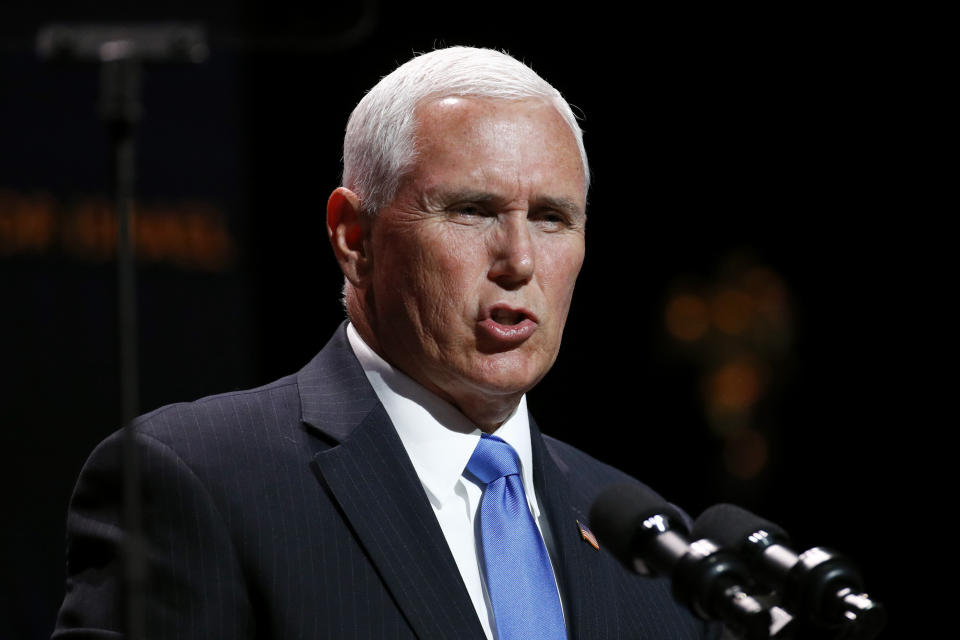 Vice President Mike Pence speaks at the Christians United for Israel's annual summit, Monday, July 8, 2019, in Washington. (AP Photo/Patrick Semansky)