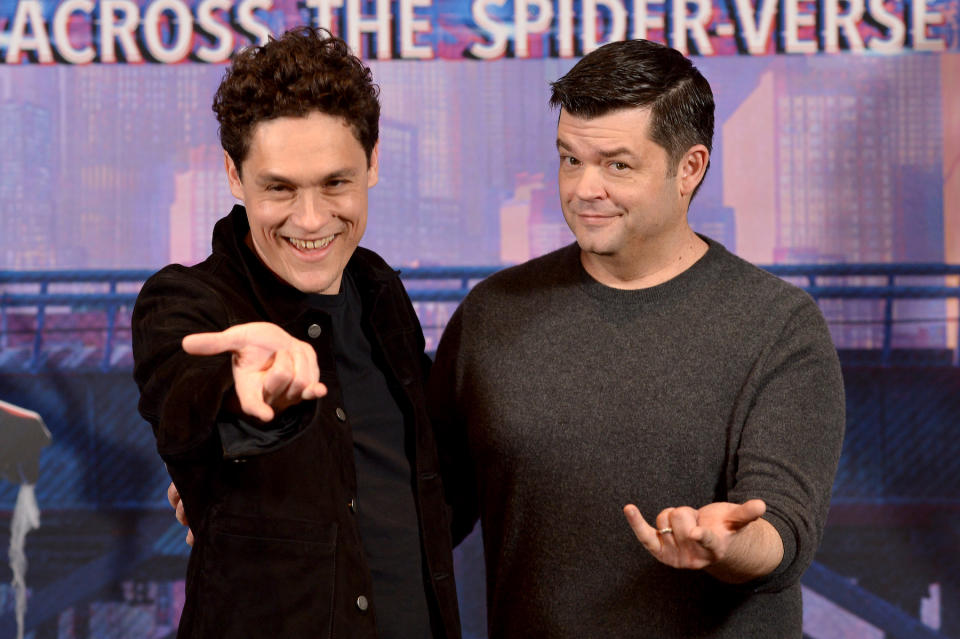 Phil Lord and Chris Miller attends a photocall for Sony Pictures Animation's 'Spider-Man: Across The Spider Verse' at the Beverly Wilshire on May 22, 2023, in Beverly Hills, California.