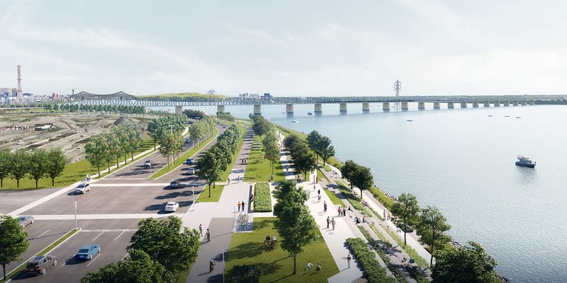 Car lanes on the Bonaventure Expressway will be moved inland to leave space for a pedestrian walkway and a bikepath lined with trees and seating areas. (The Jacques Cartier and Champlain Bridges Incorporated (JCCBI) - image credit)