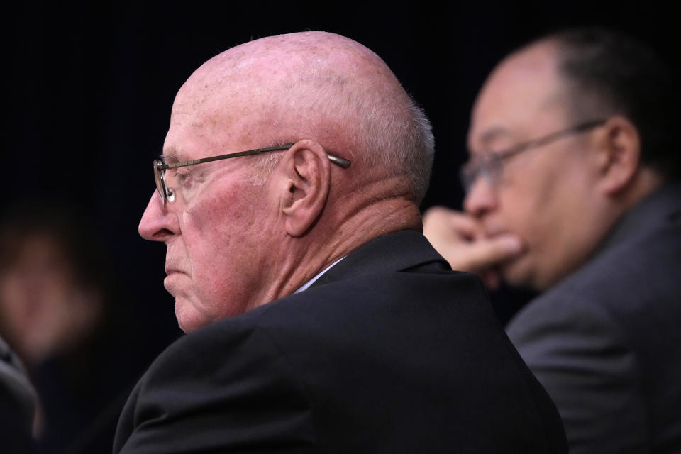 Daniel Wathen listens to testimony, Thursday, April 25, 2024, in Augusta, Maine, during a hearing of the independent commission investigating the law enforcement response to the mass shooting in Lewiston, Maine. (AP Photo/Robert F. Bukaty)