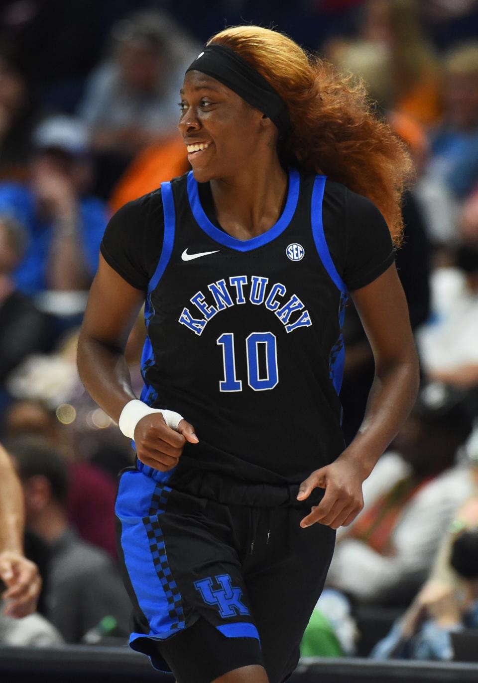 Mar 4, 2022; Nashville, TN, USA; Kentucky Wildcats guard Rhyne Howard (10) reacts after a basket during the first half against the LSU Lady Tigers at Bridgestone Arena. Mandatory Credit: Christopher Hanewinckel-USA TODAY Sports