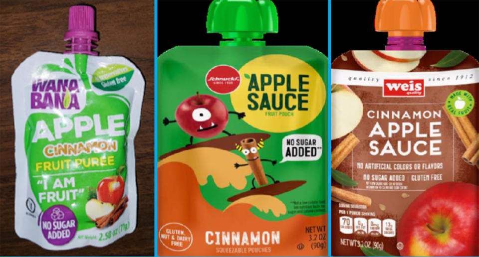 This image provided by the U.S. Food and Drug Administration on Thursday, Nov. 17, 2023, shows three recalled applesauce products - WanaBana apple cinnamon fruit puree pouches, Schnucks-brand cinnamon-flavored applesauce pouches and variety pack, and Weis-brand cinnamon applesauce pouches. The FDA is screening imports of cinnamon from multiple countries for toxic lead contamination after growing reports of children who were sickened after eating pouches of applesauce and apple puree. Cinnamon from a manufacturer in Ecuador is the “likely source” of high levels of lead found in recalled pouches of applesauce puree linked to illnesses in at least 34 children in 22 states, the FDA said Friday, Nov. 17, 2023. (FDA via AP)