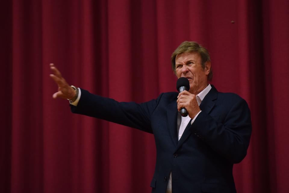 DJ Cousin Brucie (Bruce Morrow) addresses the crowd during a Q&A on Cousin Brucie Day in Cliffside Park on Oct. 5, 2018.