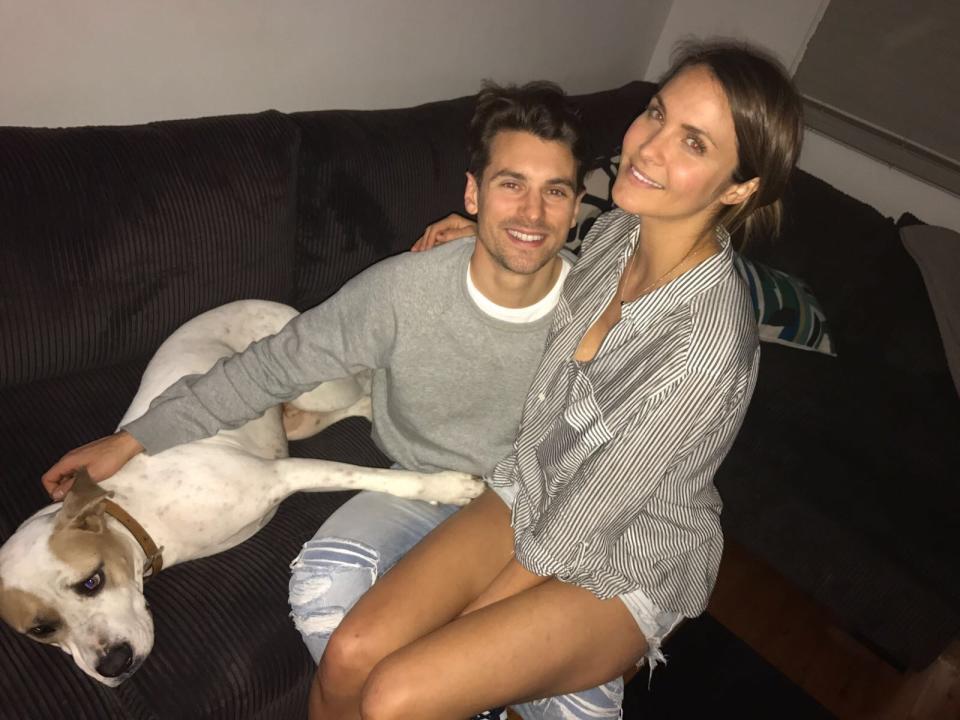 Laura says Matty J, dog Buster and herself are all one little happy family. Source: Supplied