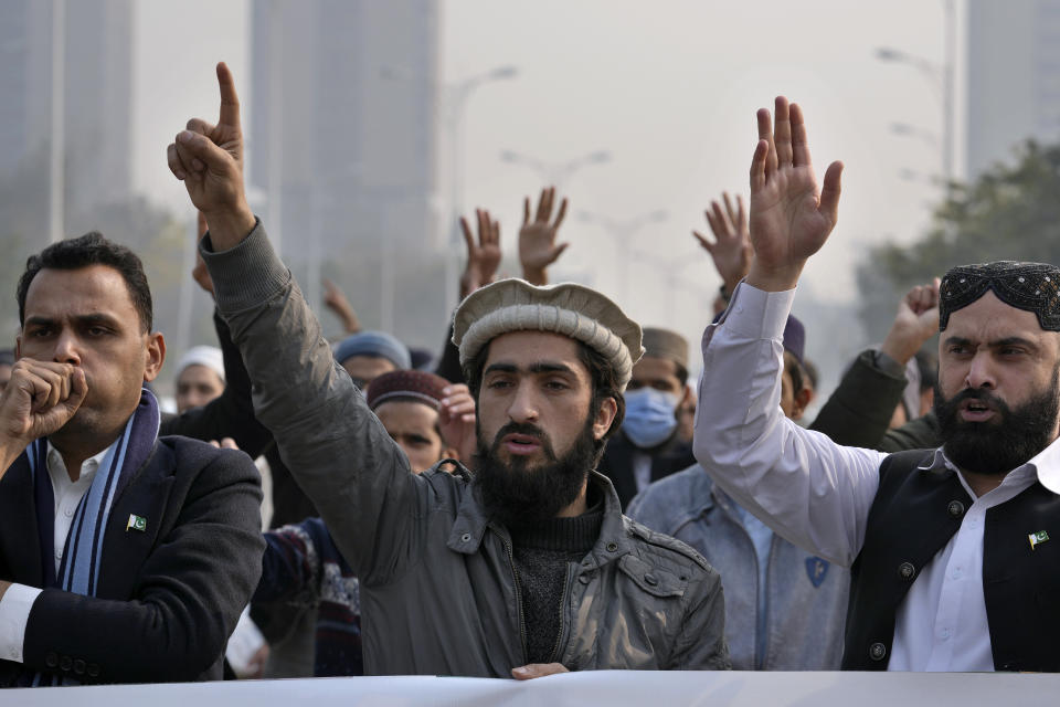 Members of Muslim Talba Mahaz Pakistan chant slogans at a demonstration to condemn Iran strike in the Pakistani border area, in Islamabad, Pakistan, Thursday, Jan. 18, 2024. Pakistan's air force launched retaliatory airstrikes early Thursday on Iran allegedly targeting militant positions, a deadly attack that further raised tensions between the neighboring nations. (AP Photo/Anjum Naveed)