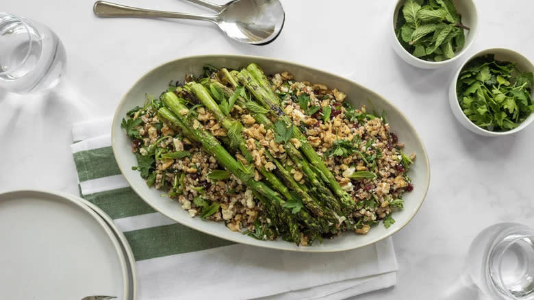 Plate of farro salad with asparagus
