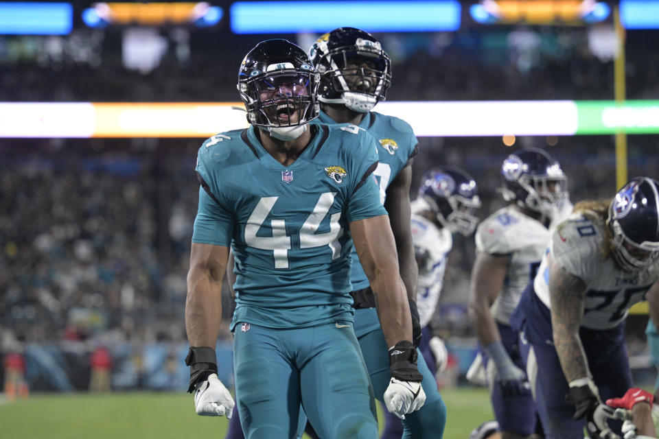 Jacksonville Jaguars quarterback E.J. Perry (4) reacts after a defensive stop in the second half of an NFL football game against the Tennessee Titans, Saturday, Jan. 7, 2023, in Jacksonville, Fla. (AP Photo/Phelan M. Ebenhack)