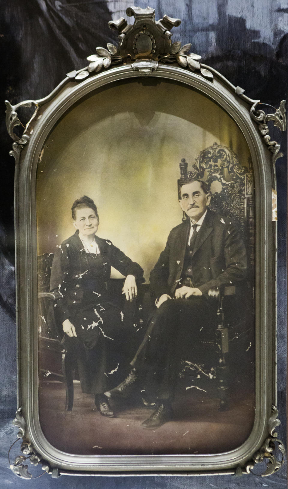 FILE - This June 9, 2015 file photo, shows a framed portrait of Sheriff Pat Garrett with his wife displayed at the Bryan Museum in Galveston, Texas. Sheriff Garrett killed Henry McCarty, popularly known as Billy the Kid, in the late 1800s. The photo is part of the vast collection amassed by J.P. Bryan and his wife, Mary Jon Bryan, over about 40 years. The Bryan Museum opened its doors on Friday, June 19, 2015. (Marie D. De Jesus/Houston Chronicle via AP, File)