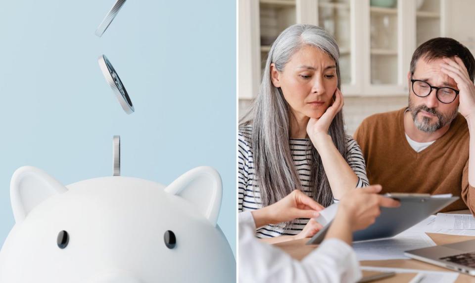 Compilation image of piggy bank with coins falling in and couple with worried look looking at information