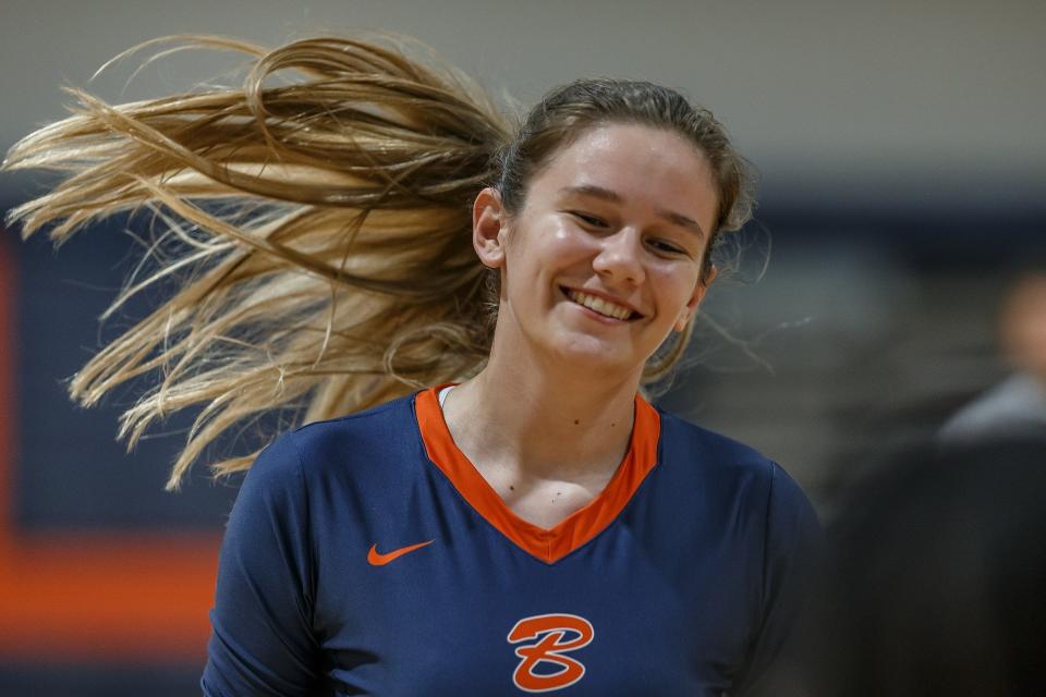 Payton Bryan (10) is introduced before Florida High School Athletic Association Class 3A girls' volleyball action at The Benjamin School in in Palm Beach Gardens, Fla., on September 6, 2022. The Scots won the night's match in three straight games over the hosting Buccaneers. 