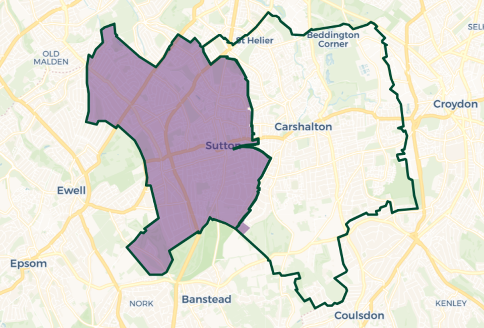 Sutton and Cheam constituency map. Purple shaded area: Current constituency boundary. Green outlines new constituency boundaries (© OpenStreetMap contributors | © CARTO)