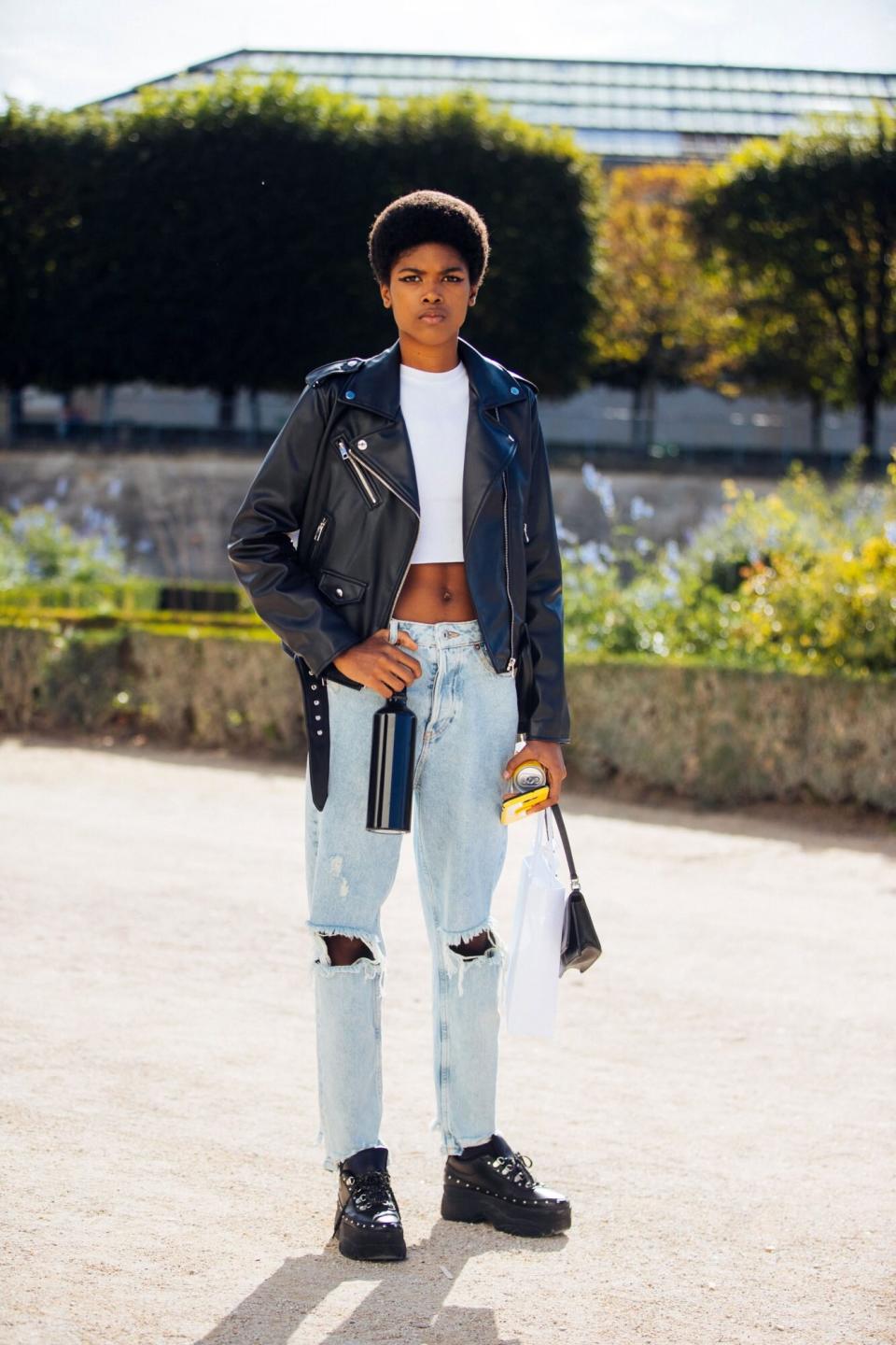 Black Leather Jacket, White Crop Top, Ripped Jeans