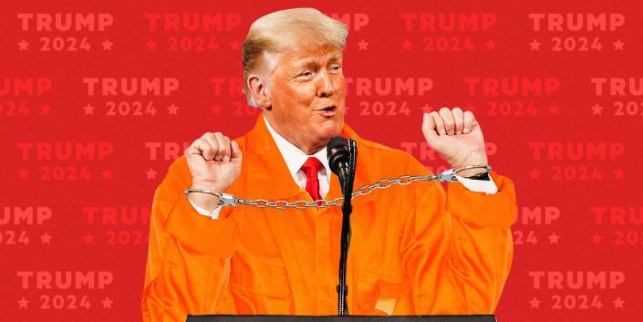 Donald Trump handcuffed and in an orange prison jumpsuit speaking at a podium with &quot;Trump 2024&quot; repeated on a red background
