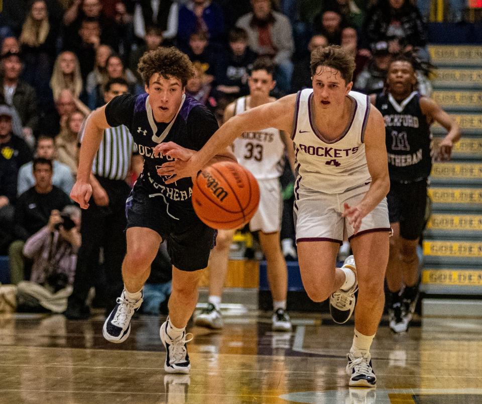 Rockford Lutheran's Blake Broege races Rockridge's Jase Whitman to the ball during the second quarter of the Class 2A Sterling super sectional game on Monday, March 6, 2023.