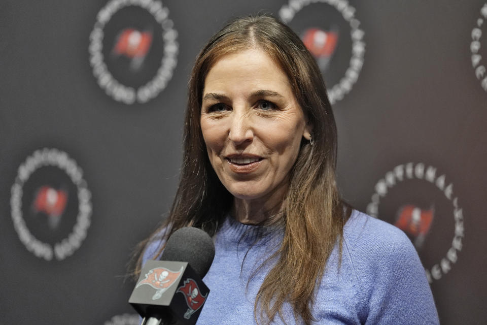 Tampa Bay Buccaneers co-owner Darcie Glazer Kassewitz speaks to the media about the Buccaneers National Coaching Academy at the NFL football team's rookie camp, Friday, May 10, 2024, in Tampa, Fla. Twenty-five aspiring NFL coaches, with wide-ranging backgrounds, joined together at the inaugural Tampa Bay Buccaneers National Coaching Academy. (AP Photo/Chris O'Meara)