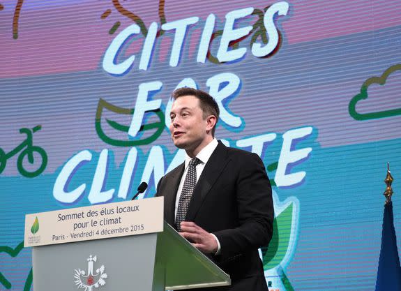 Elon Musk delivers a speech during the Climate Summit for Local Leaders in Paris,  Dec. 4, 2015.