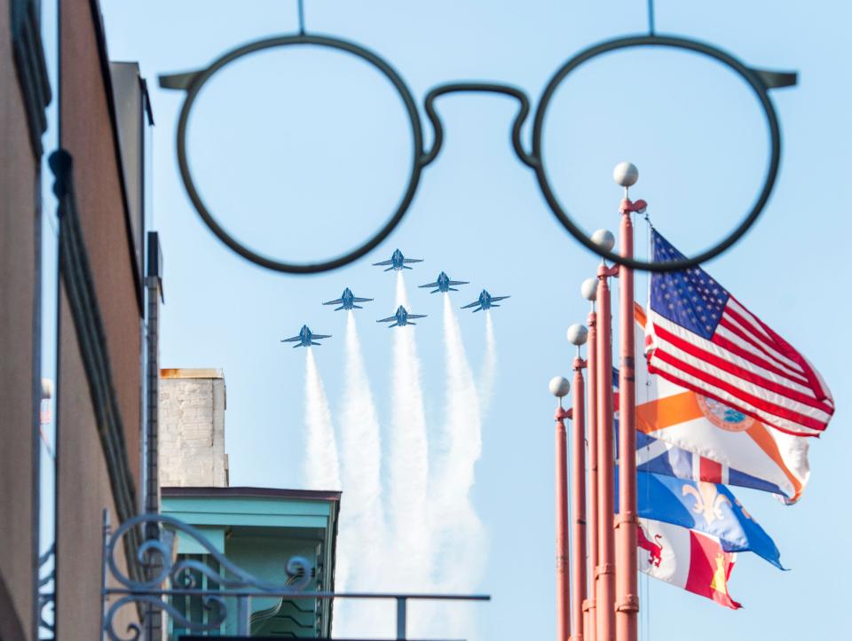 The Blue Angels flyover Palafox Street in downtown as they return to the City of Five Flags and their home base at the Pensacola Naval Air Station on Monday, March 20, 2017.