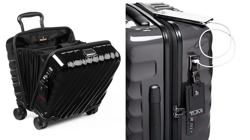 Close-ups of the expansive Small Compact Brief (left) and the USB charger on the International Expandable Carry-On (right). - Credit: Tumi
