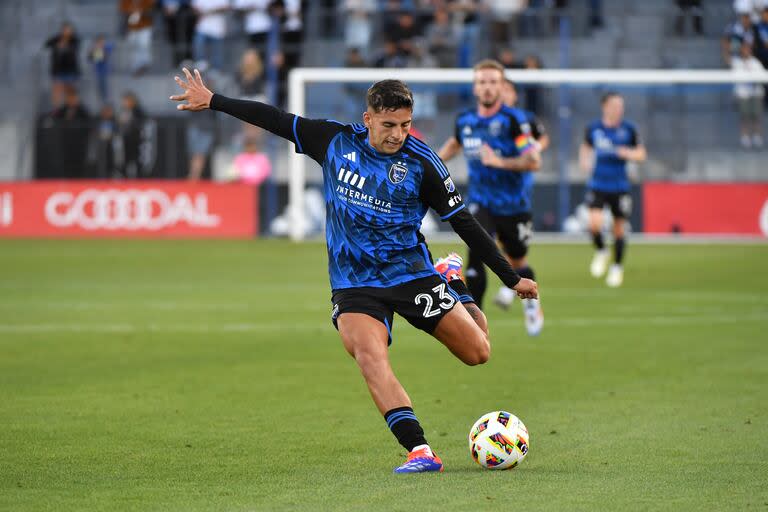 SAN JOSE, CA - JUNE 15: Hernan Lopez #23 of the San Jose Earthquakes strikes the ball during a game between FC Cincinnati and San Jose Earthquakes at PayPal Park on June 15, 2024 in San Jose, California.