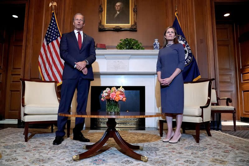 Judge Amy Coney Barrett meets with Senate Majority Whip John Thune, in Washington