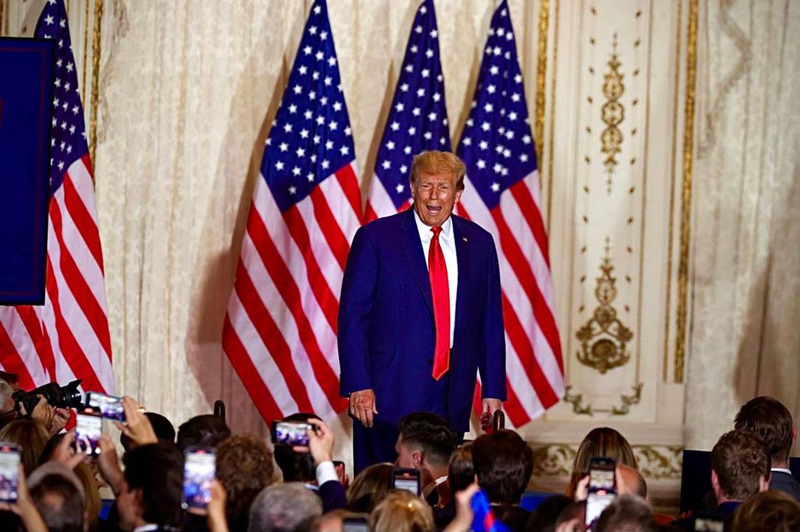 Former President Donald Trump interacts with his supporters for the first time at Mar-a-Lago in Palm Beach, Florida following his arraignment in New York on Tuesday April 04, 2023. Trump was indicted by a Manhattan grand jury for his role in an alleged scandal stemming from hush money payments made to the pornographic film actress Stormy Daniels prior to the 2016 U.S. presidential election.