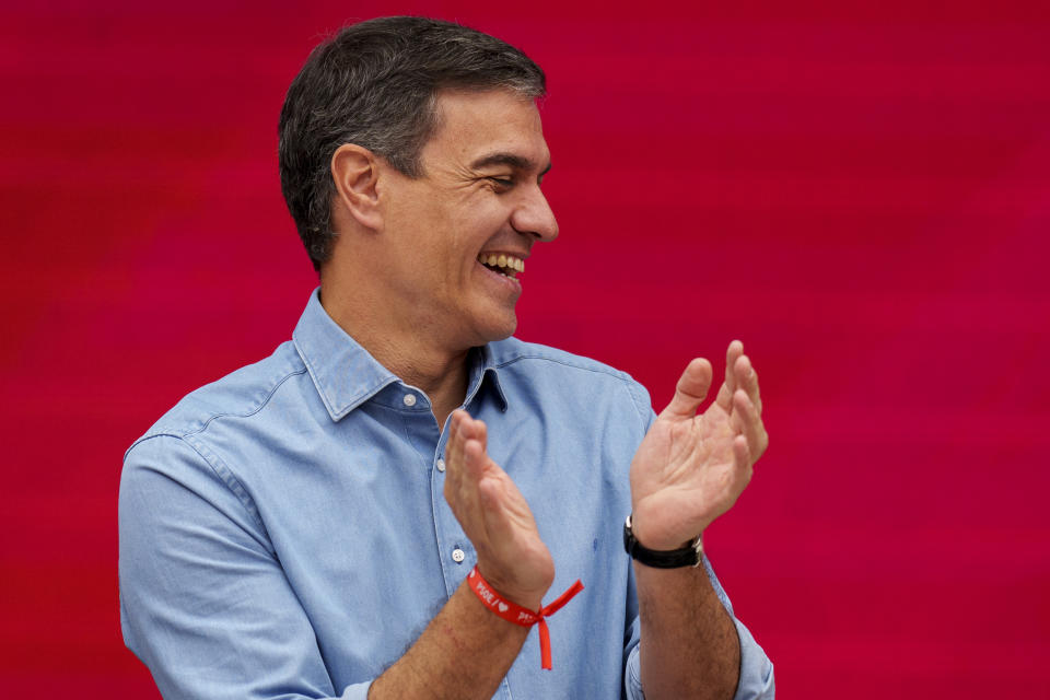 Socialist Workers' Party leader and current Prime Minister Pedro Sanchez applauds during an executive committee meeting in Madrid, Spain, Monday, July 24, 2023. Spain's inconclusive national election has produced one result that will be greeted with relief in European capitals, which like Madrid firmly support the European Union. (AP Photo/Manu Fernandez)