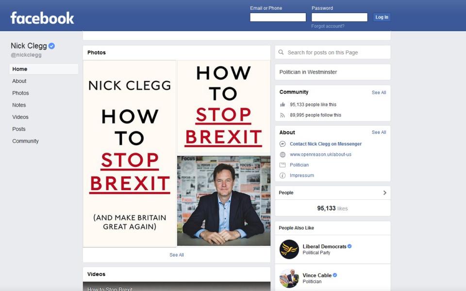 An archive of Nick Clegg's Facebook page from April 2018, showing publicity for his book 'How to Stop Brexit' - Facebook/Telegraph