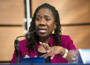 FILE - Sherrilyn Ifill, president and director-counsel, NAACP Legal Defense and Education Fund, speaks at the President's Task Force on 21 Century Policing, Jan. 13, 2015, at the Newseum in Washington. President Joe Biden has already narrowed the field for his first U.S. Supreme Court pick. One potential nominee is Ifill. She is a deeply respected civil rights attorney who has led the fund since 2013, the second woman to lead the organization. Ifill started her career at the American Civil Liberties Union, then worked on voting rights legislation at the legal defense fund before she joined the faculty at University of Maryland School of Law, where she taught for more than 20 years. (AP Photo/Cliff Owen, File)
