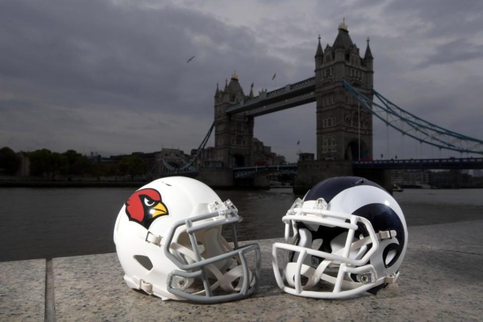 Oct 19, 2017; London, United Kingdom; General overall view of Arizona Cardinals (left) and Los Angeles Rams helmets with the Tower Bridge and River Thames as a backdrop. Mandatory Credit: Kirby Lee-USA TODAY Sports