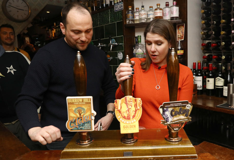 Liberal Democrat Leader Jo Swinson pulls a pint in Dylans - The Kings Arms on Small Business Saturday during her visit to St Albans, while on the General Election campaign trail.