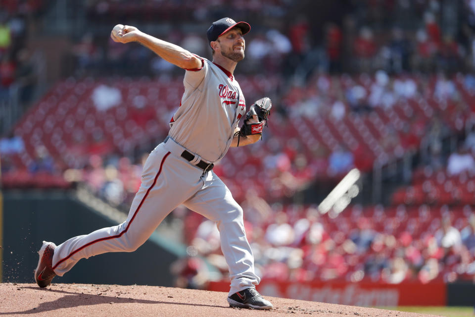 Washington Nationals starting pitcher Max Scherzer throws during the first inning of a baseball game against the St. Louis Cardinals Wednesday, Sept. 18, 2019, in St. Louis. (AP Photo/Jeff Roberson)