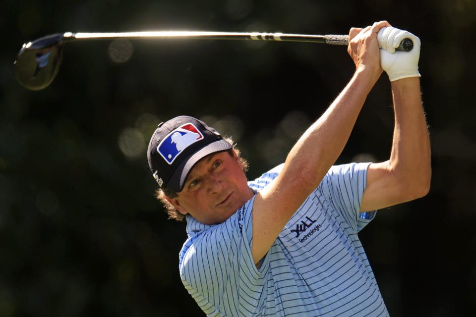 Billy Andrade plays his shot from the 16th tee during the third and final round of the Constellation Furyk & Friends PGA Tour Champions golf tournament Sunday, Oct. 8, 2023 at Timuquana Country Club in Jacksonville, Fla. Brett Quigley won at 11 under par, one stroke over Steven Alker. [Corey Perrine/Florida Times-Union]