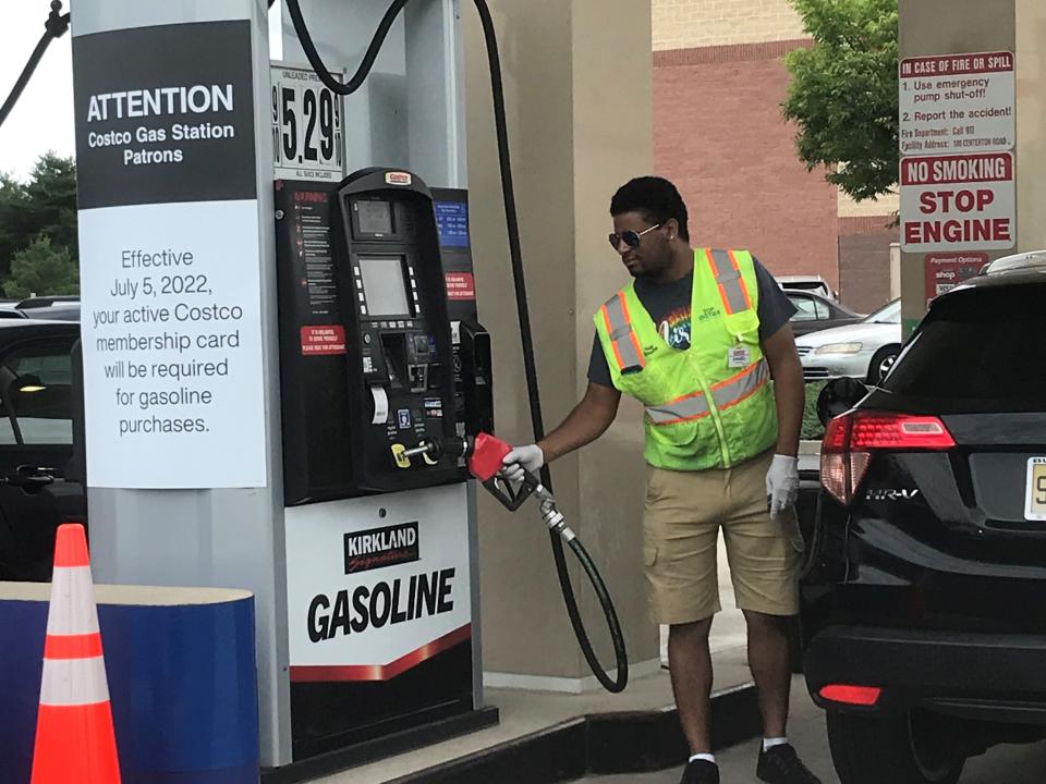 A Costco sign posted in June at its gas station pumps in Mount Laurel announces a new policy to serve only its active  card members