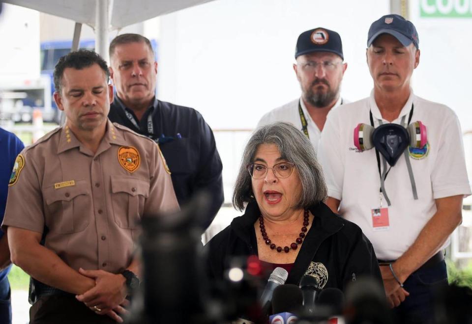 Mayor Daniella Levine Cava gives her remarks during the daily morning press conference outside the County’s operational center. Miami-Dade and Surfside mayors updated the media on the overnight and daily operational details while announcing 90 people who have been confirmed dead due to the partial collapse of the Champlain Towers South in Surfside, Florida on Sunday, July 11, 2021.