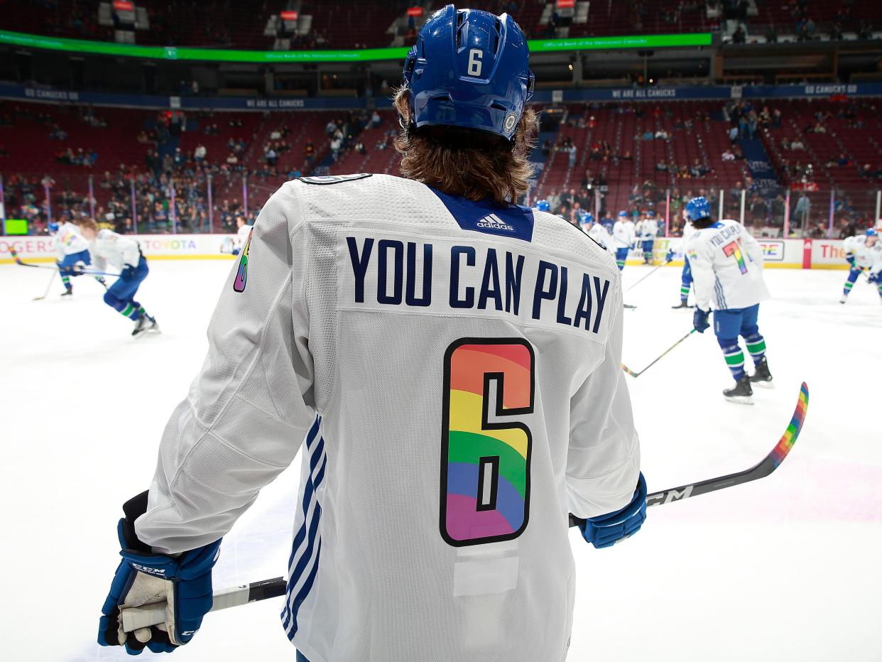 Brock Boeser #6 of the Vancouver Canucks warms up in his You can play Pride night jersey before their NHL game against the Calgary Flames at Rogers Arena March 31, 2023 in Vancouver, British Columbia, Canada