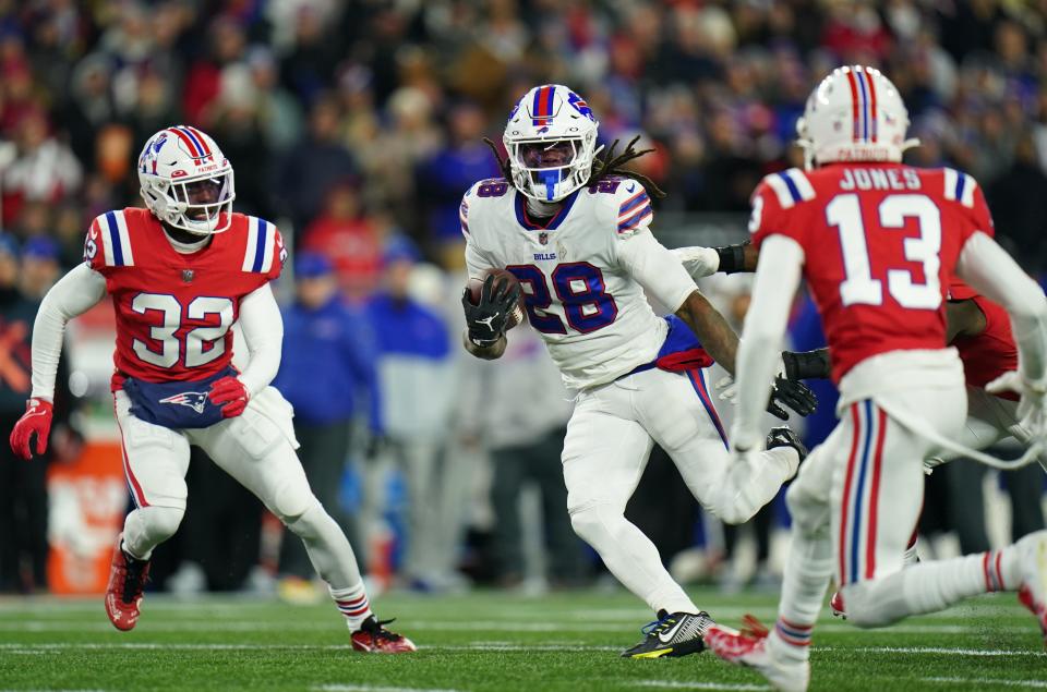 Dec 1, 2022; Foxborough, Massachusetts, USA; Buffalo Bills running back James Cook (28) runs the ball against the New England Patriots in the first quarter at Gillette Stadium. Mandatory Credit: David Butler II-USA TODAY Sports