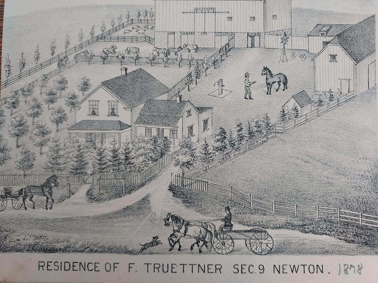 Drawing of the residence of Frank Truettner in Section 9 in Newton, 1878.