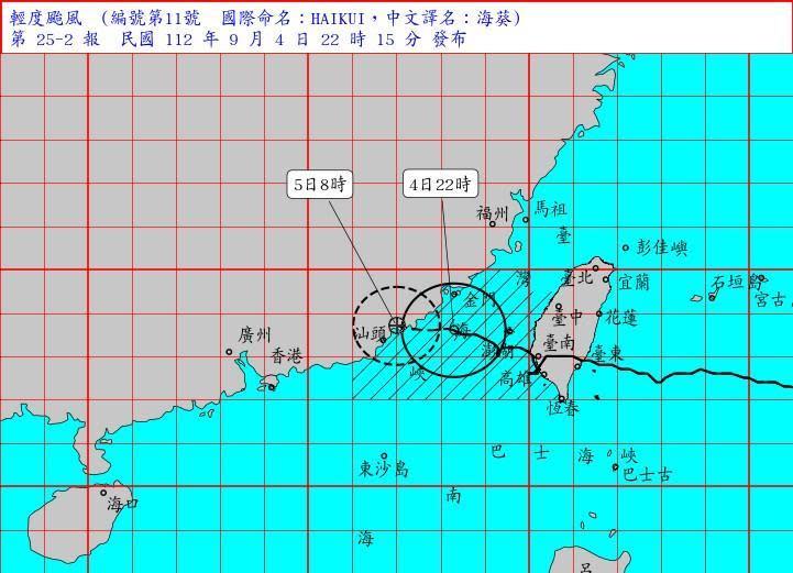 海葵颱風在澎湖外海打轉多時，今晚8時30分解除本島陸警；晚間10時本島已脫離暴風圈。（中央氣象局提供）