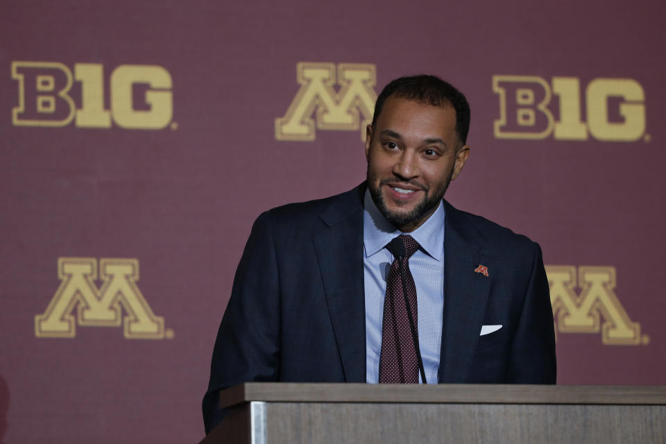 FILE - Minnesota men's head coach Ben Johnson speaks during Big Ten NCAA college basketball Media Days Wednesday, Oct. 12, 2022, in Minneapolis. Minnesota went 13-17 last season in Johnson's first year on the job.(AP Photo/Bruce Kluckhohn, File)