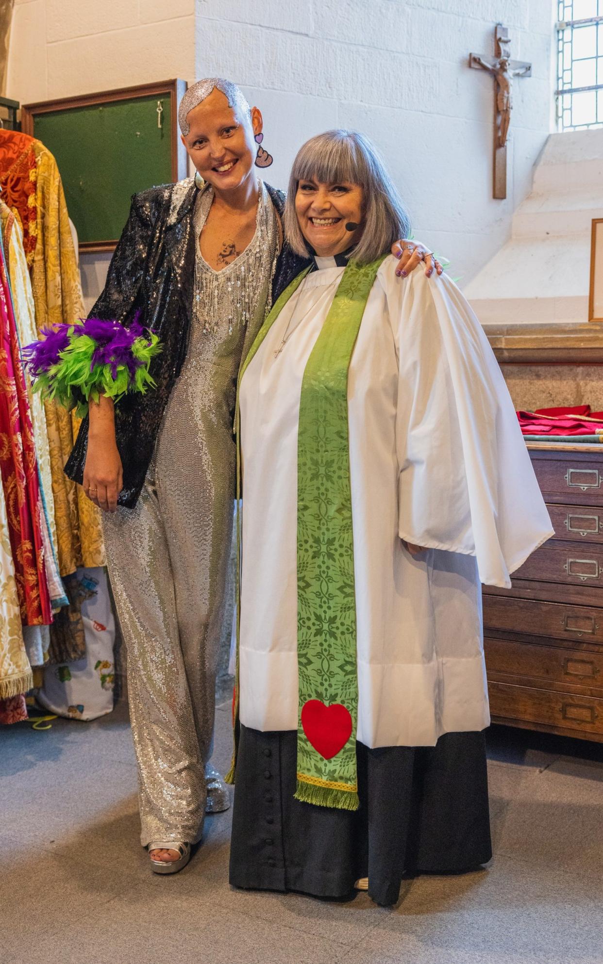 Kris at her "living funeral" alongside Dawn French, the Vicar of Dibley