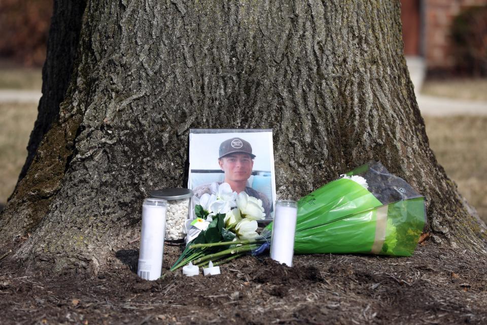 A makeshift memorial for Stone J. Foltz, 20, of Delaware, Ohio, outside of Pi Kappa Alpha at Bowling Green State University. Foltz died March 7, three days after an alleged off-campus hazing incident.