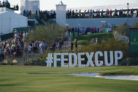 Jan 31, 2019; Scottsdale, AZ, USA; A general view of the FedExCup signage during the first round of the Waste Management Phoenix Open golf tournament at TPC Scottsdale. Mandatory Credit: Allan Henry-USA TODAY Sports