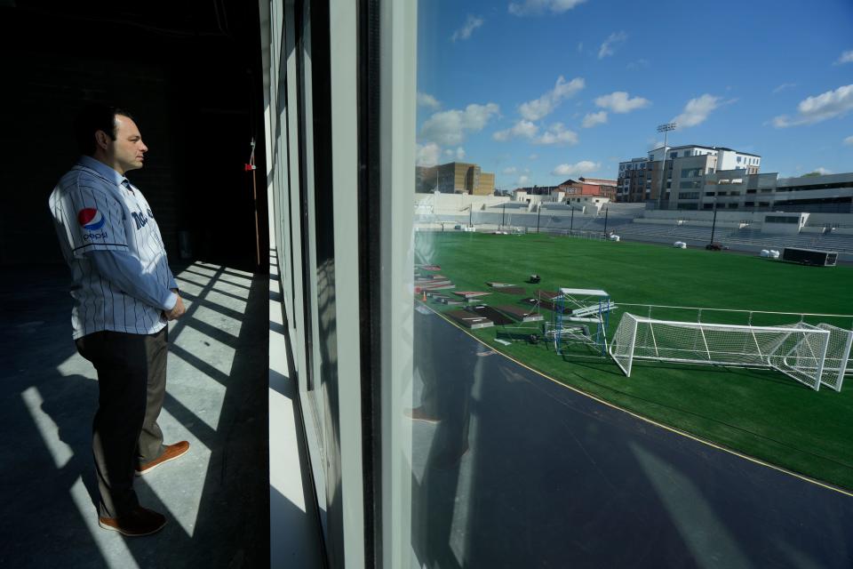 Paterson Mayor Andre Sayegh takes a tour of Hinchliffe Stadium a few weeks before the grand opening.